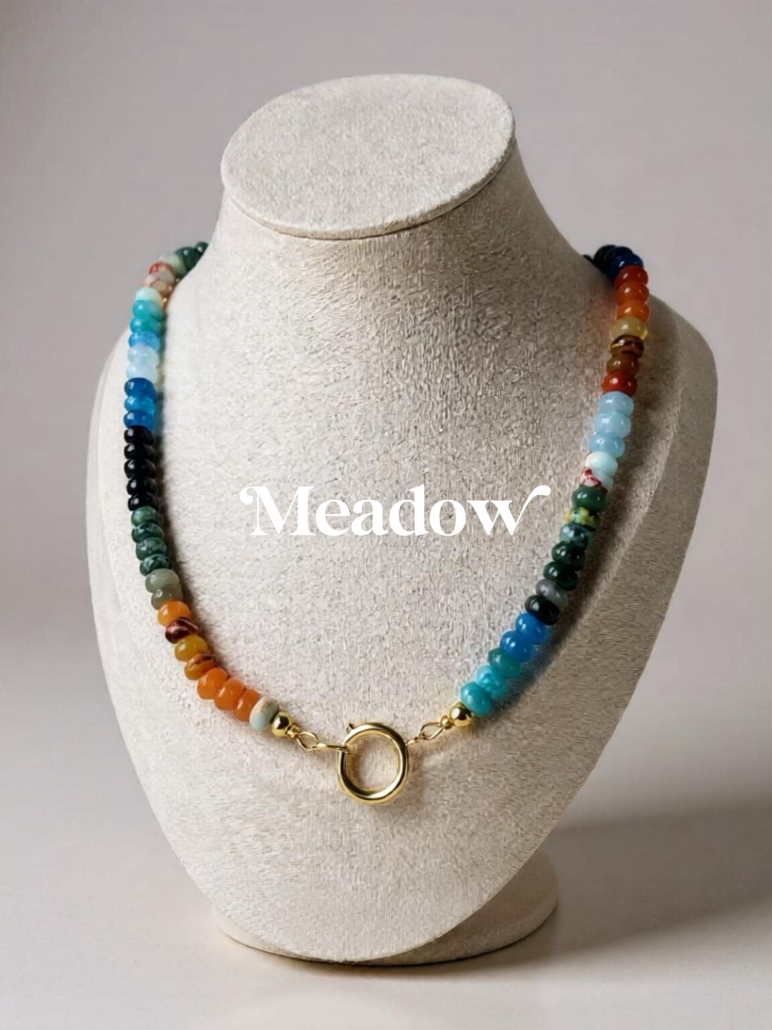 Gemstone Beaded Necklace: 18k Gold Plated Clasp, Jade Opal Quartz
