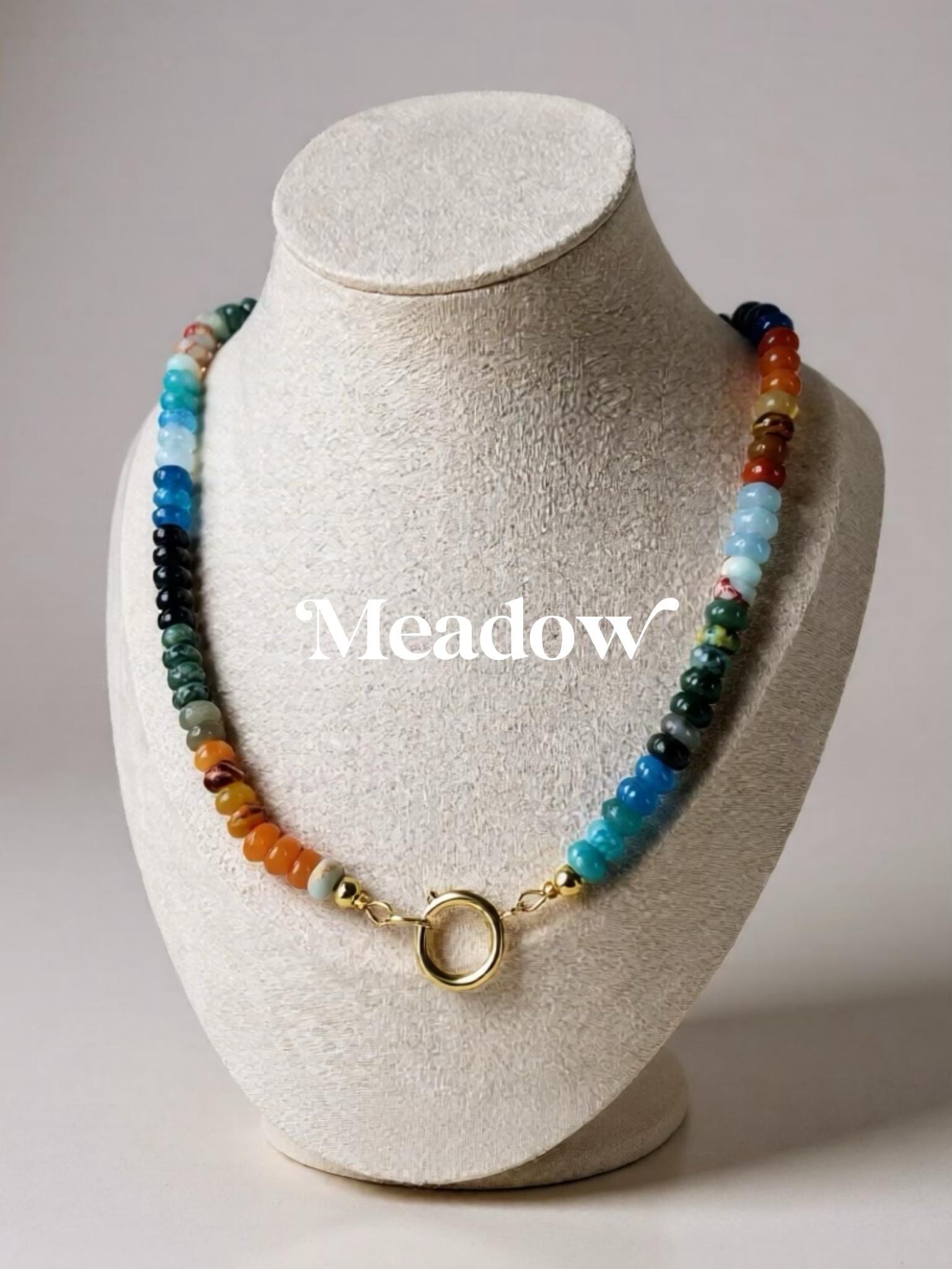 Beaded Gemstone Necklace: 18k Gold Clasp, Amethyst, Aventurine Beads