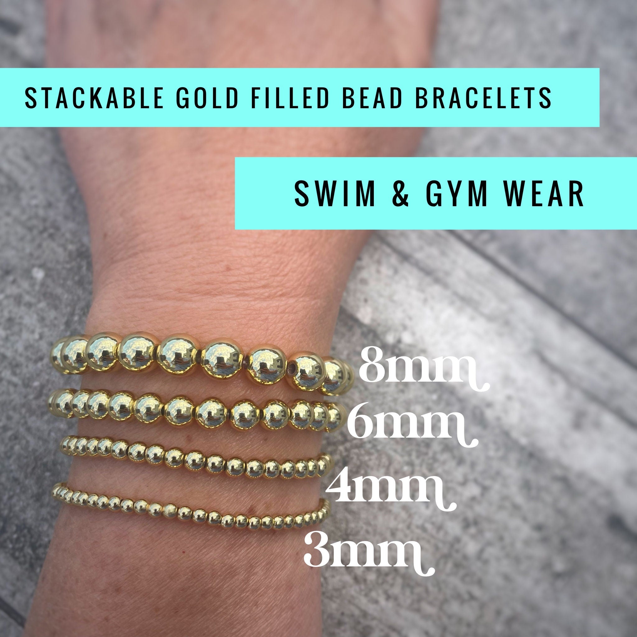 18K Gold Filled Beaded Bracelet: Water Resistant, Gym & Swim Wear