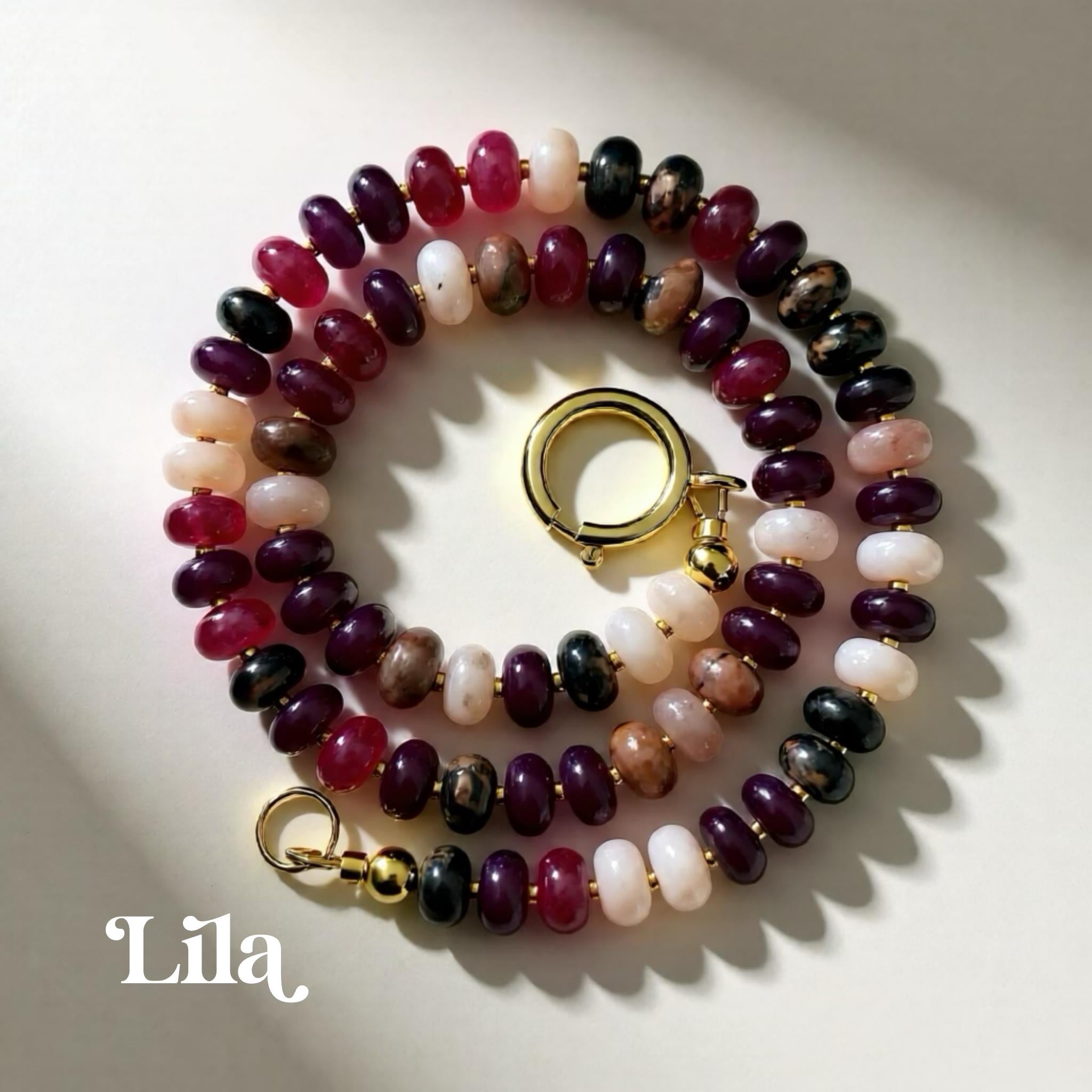 Beaded Gemstone Necklace: 18k Gold Clasp, Amethyst, Aventurine Beads