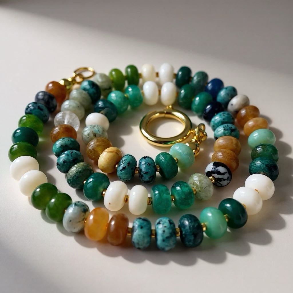 Beaded Gemstone Necklace: 18k Gold Plated Clasp, Charm, Adventurine, Jade, Morganite, Amethyst, Chalcedony