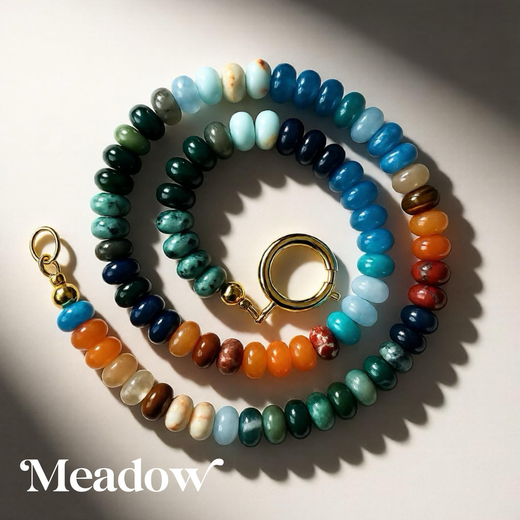 Beaded Gemstone Necklace: 18k Gold Clasp, Amethyst, Aventurine Beads