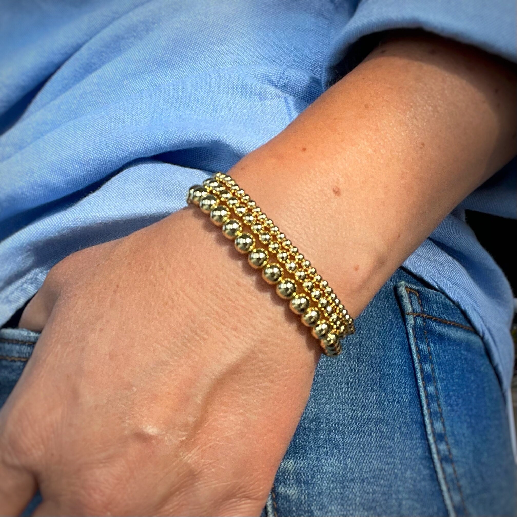 18K Gold Filled Beaded Bracelet: Water Resistant, Gym & Swim Wear