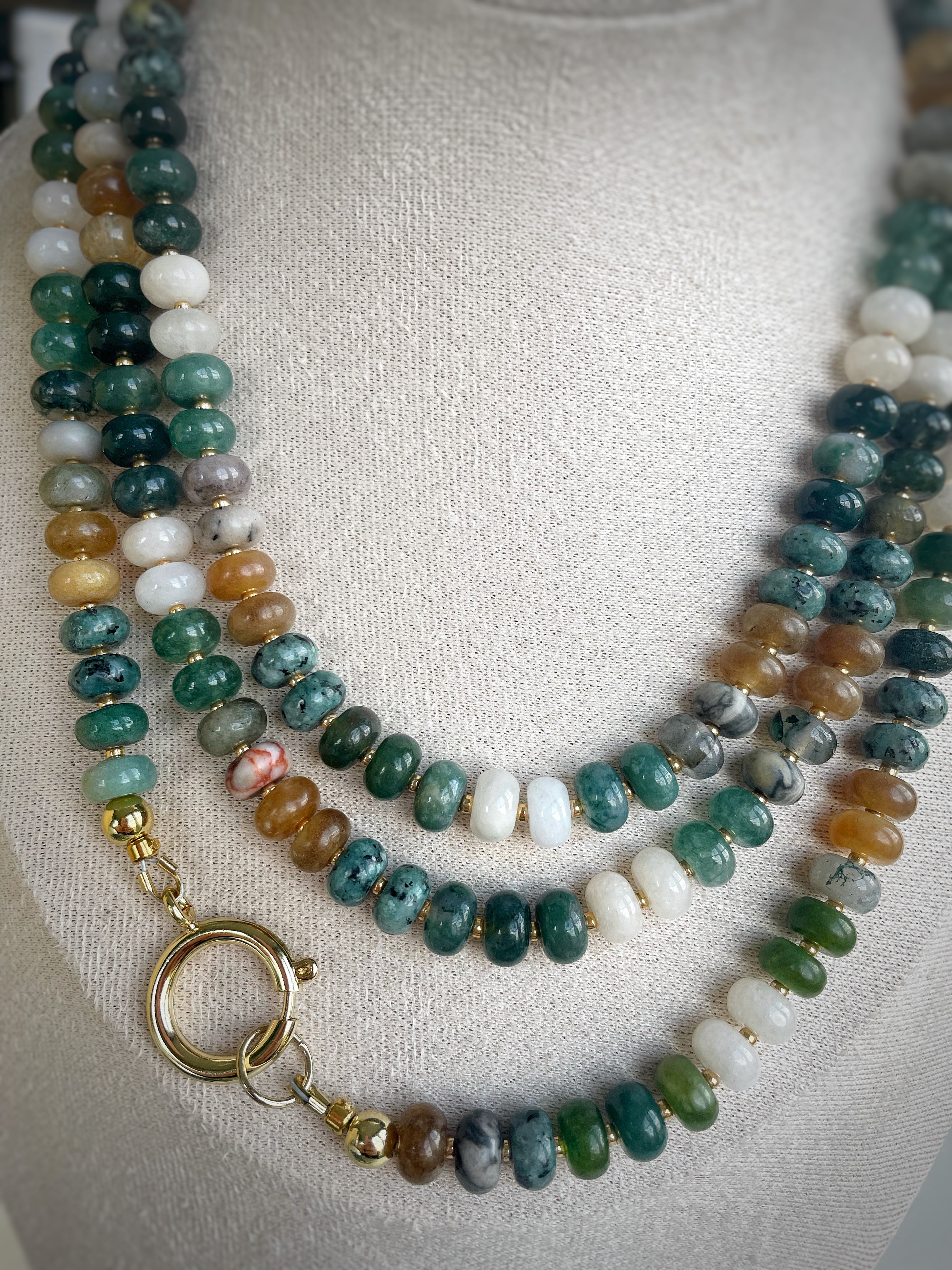 Beaded Gemstone Necklace: 18k Gold Plated Clasp, Charm, Adventurine, Jade, Morganite, Amethyst, Chalcedony