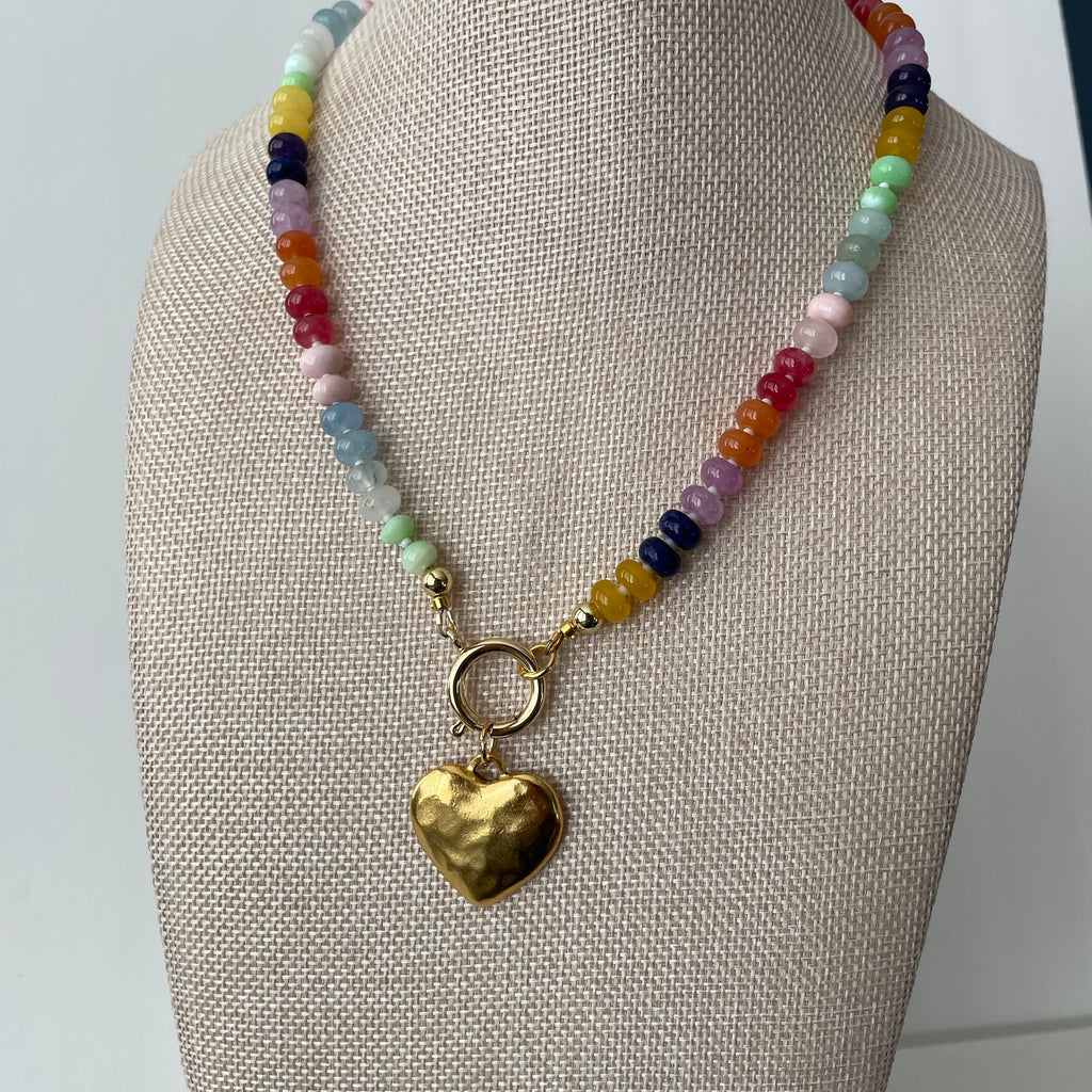 Rainbow Beaded Gemstone Necklace: 18k Gold Plated Clasp, Charm, Adventurine, Jade, Opal, Morganite, Amethyst, Chalcedony