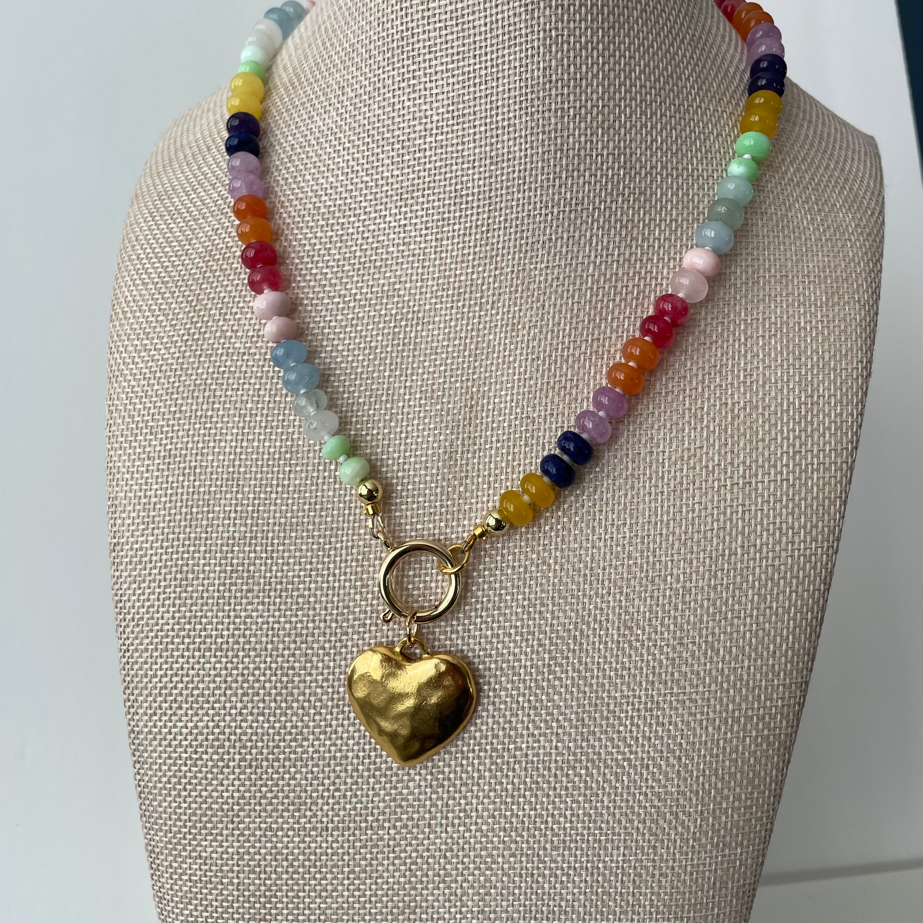 Rainbow Beaded Gemstone Necklace: 18k Gold Plated Clasp, Charm, Adventurine, Jade, Opal, Morganite, Amethyst, Chalcedony