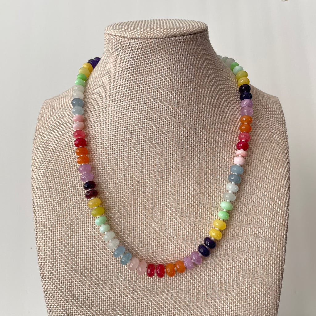 Rainbow Beaded Gemstone Necklace: 18k Gold Plated Clasp, Charm, Adventurine, Jade, Opal, Morganite, Amethyst, Chalcedony