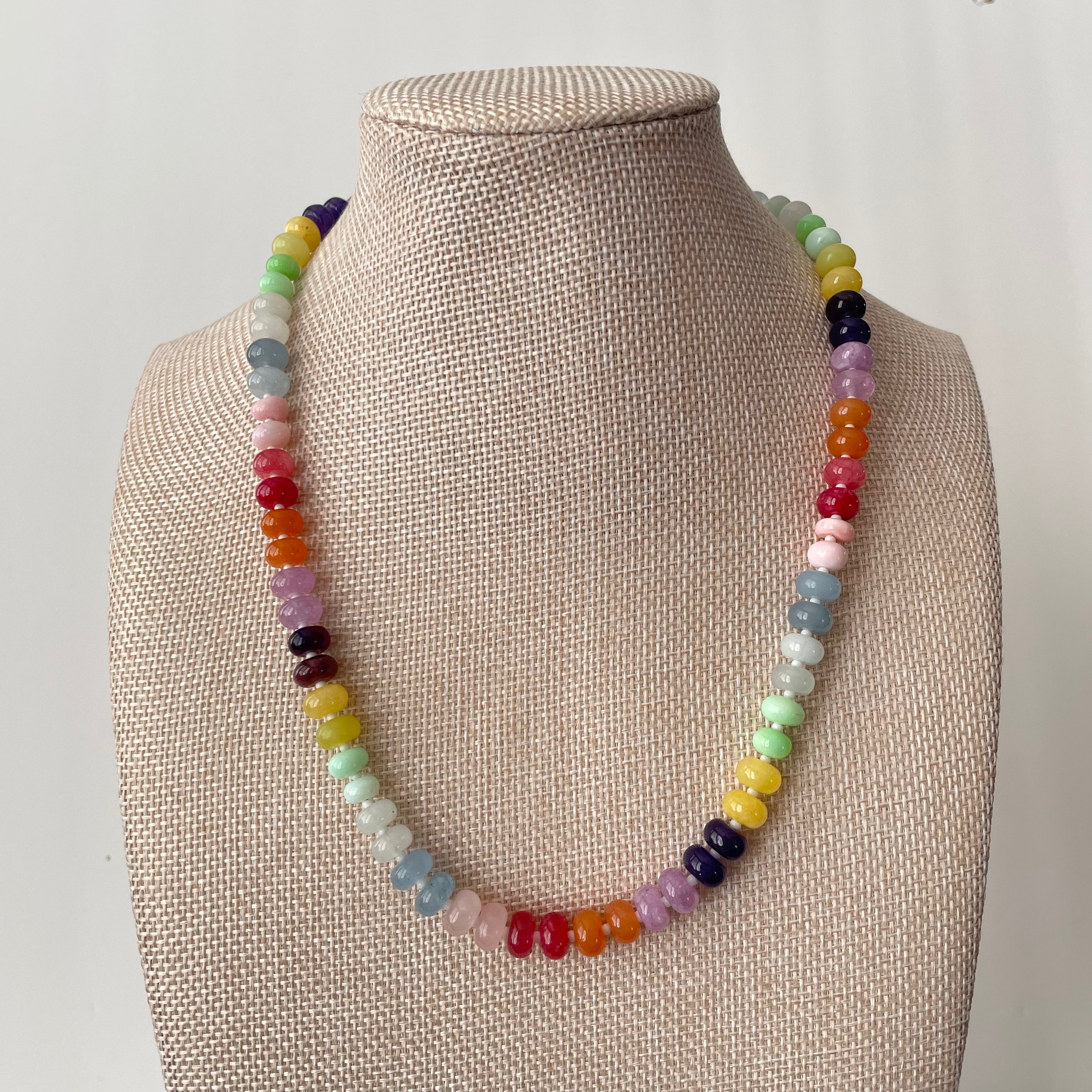 Rainbow Beaded Gemstone Necklace: 18k Gold Plated Clasp, Charm, Adventurine, Jade, Opal, Morganite, Amethyst, Chalcedony