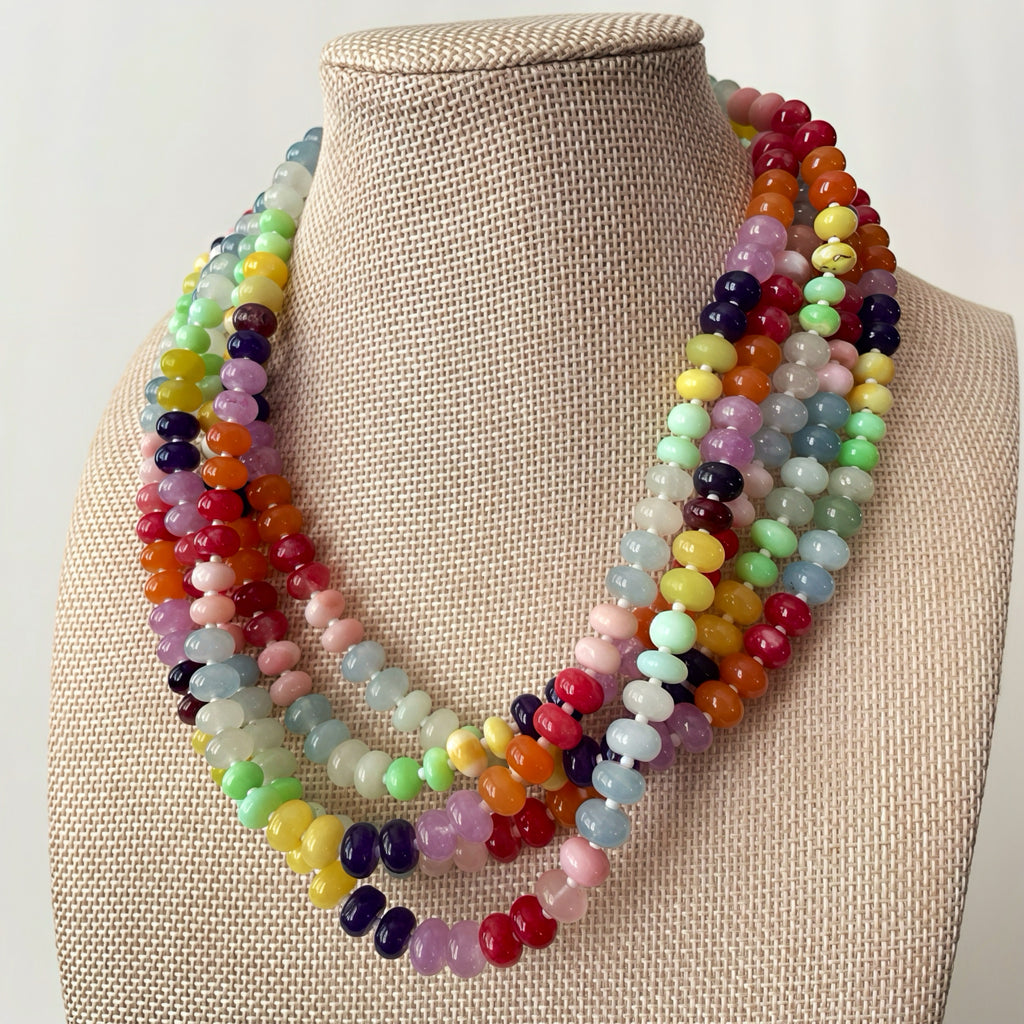 Rainbow Beaded Gemstone Necklace: 18k Gold Plated Clasp, Charm, Adventurine, Jade, Opal, Morganite, Amethyst, Chalcedony
