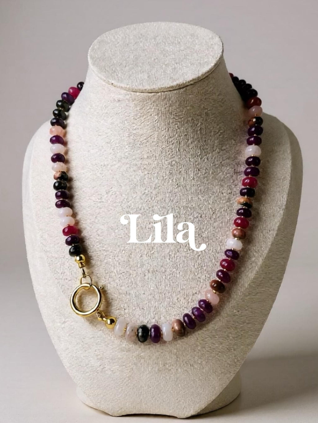 Beaded Gemstone Necklace: 18k Gold Clasp, Amethyst, Aventurine Beads