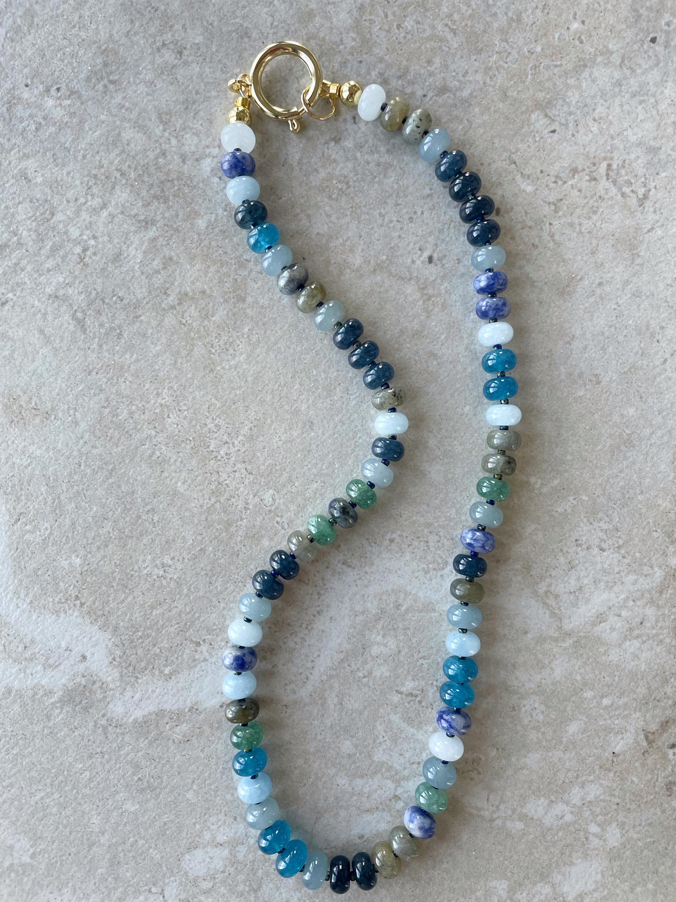 Beaded Gemstone Necklace: 18k Gold Clasp, Amethyst, Aventurine Beads